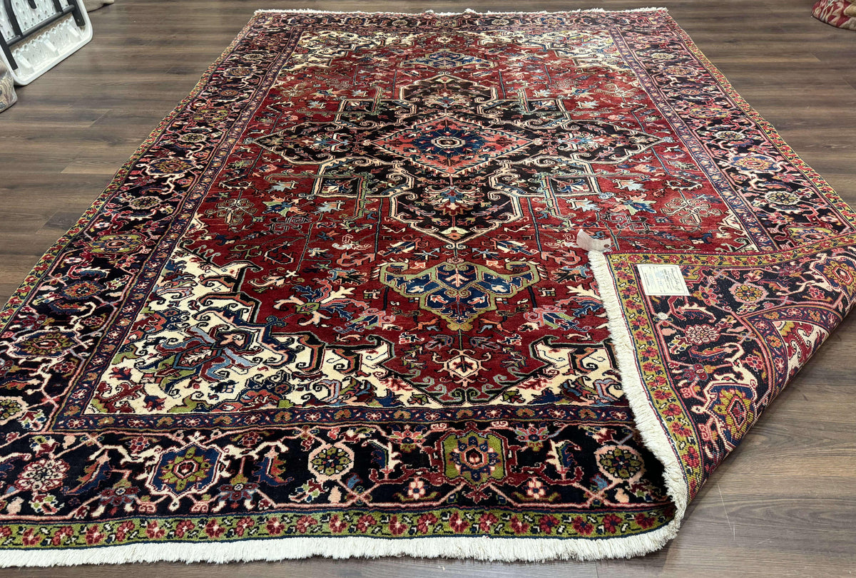 Antique Persian Heriz Rug 8x11, Geometric Tribal Wool Carpet, Brick Red