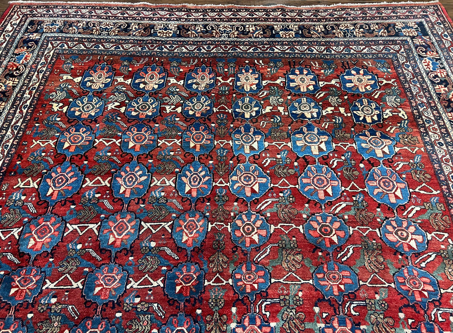 Antique Persian Bijar Rug 9x12 - Allover Motif, Red & Blue - Nuvé