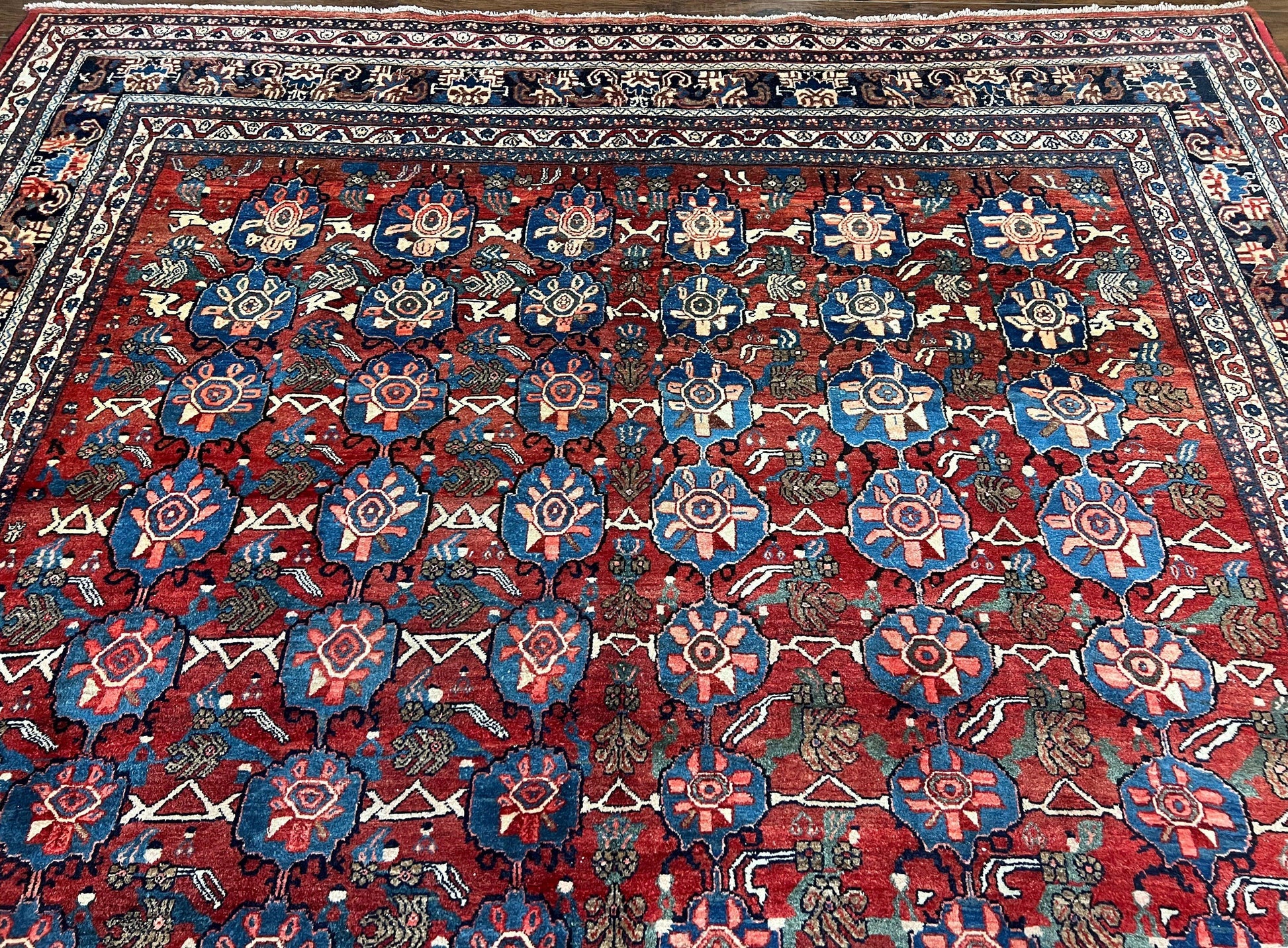 Antique Persian Bijar Rug 9x12 - Allover Motif, Red & Blue - Nuvé