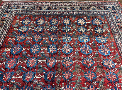 Antique Persian Bijar Rug 9x12 - Allover Motif, Red & Blue - Nuvé