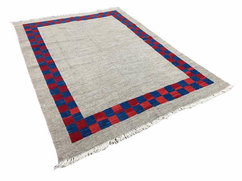 5' 7" x 7' 9" Geometric Kilim Carpet, Gray, Handmade, Hand-Knotted Area Rug, Blue & Red, Flatweave, Wool, New, Checkerboard Pattern - Nuvé