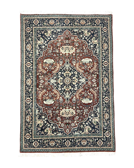 Pak Persian Rug 5x7, Wool Hand Knotted Vintage Carpet, Floral Medallion Rug, Brick Red & Navy Blue, Fine Weave, Medium Sized Rug