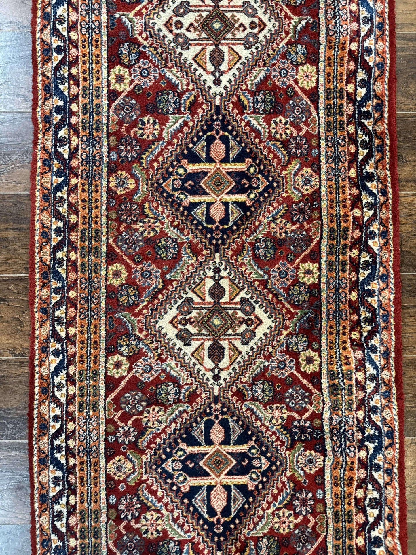 Antique Persian Qashqai Runner Rug 3 x 13 ft, Tribal Runner, Geometric Medallions, Red Ivory Blue, Wool - Nuvé
