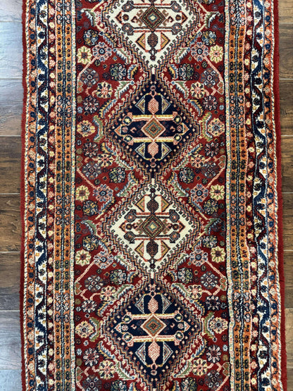 Antique Persian Qashqai Runner Rug 3 x 13 ft, Tribal Runner, Geometric Medallions, Red Ivory Blue, Wool - Nuvé