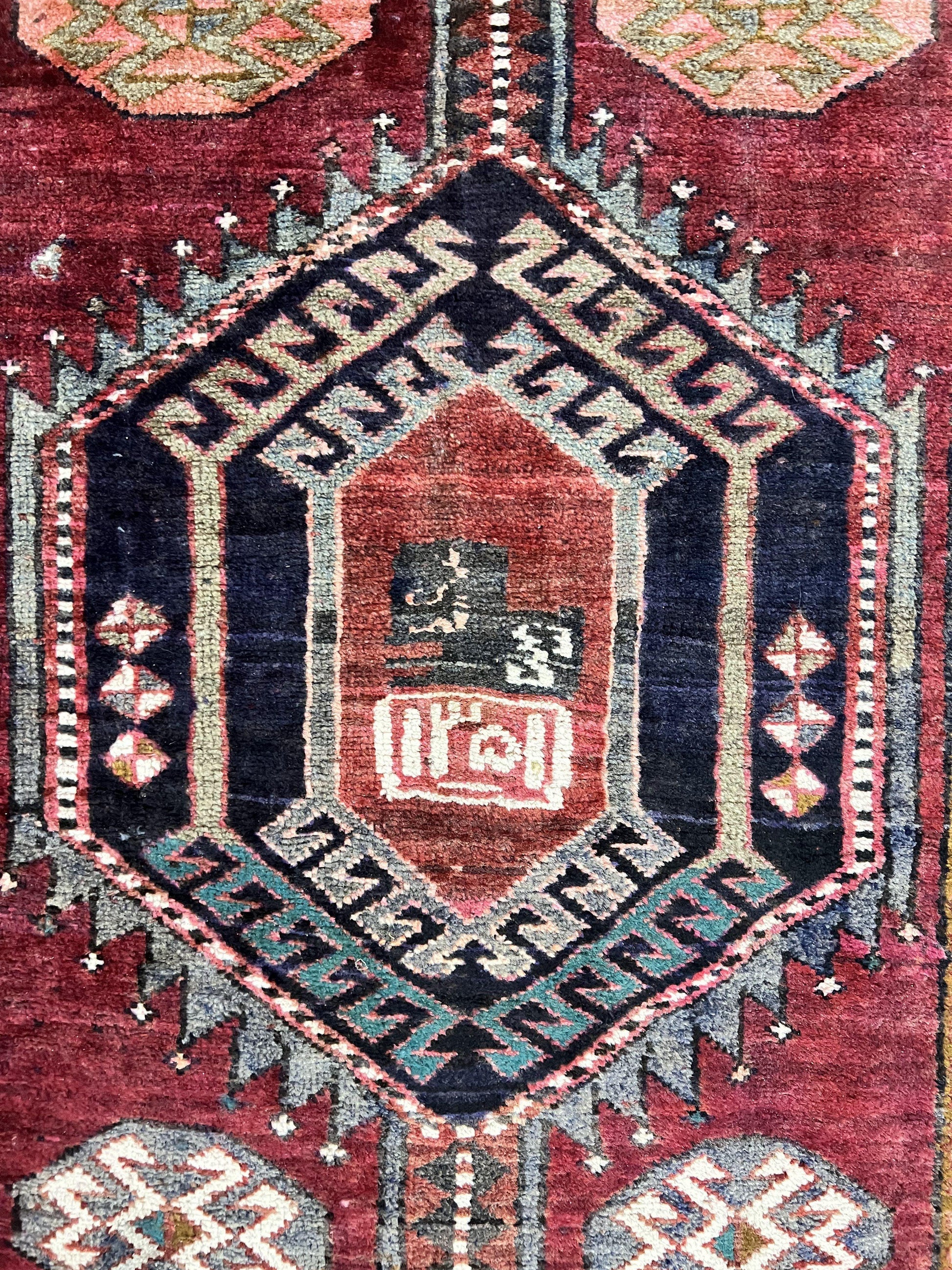 Persian Heriz Runner Rug 3.8 x 8.6, Geometric Design, Large Triple Medallions, Hand Knotted Handmade Vintage Wool Hallway Rug, Red - Nuvé