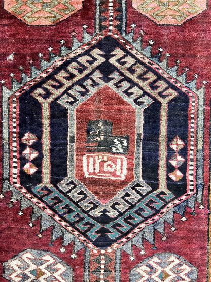 Persian Heriz Runner Rug 3.8 x 8.6, Geometric Design, Large Triple Medallions, Hand Knotted Handmade Vintage Wool Hallway Rug, Red - Nuvé