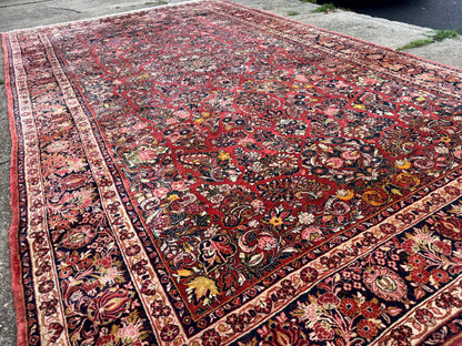 Large Antique Persian Sarouk Rug 11x18, Red, Floral Allover, Palace Size Wool Handmade Carpet - Nuvé