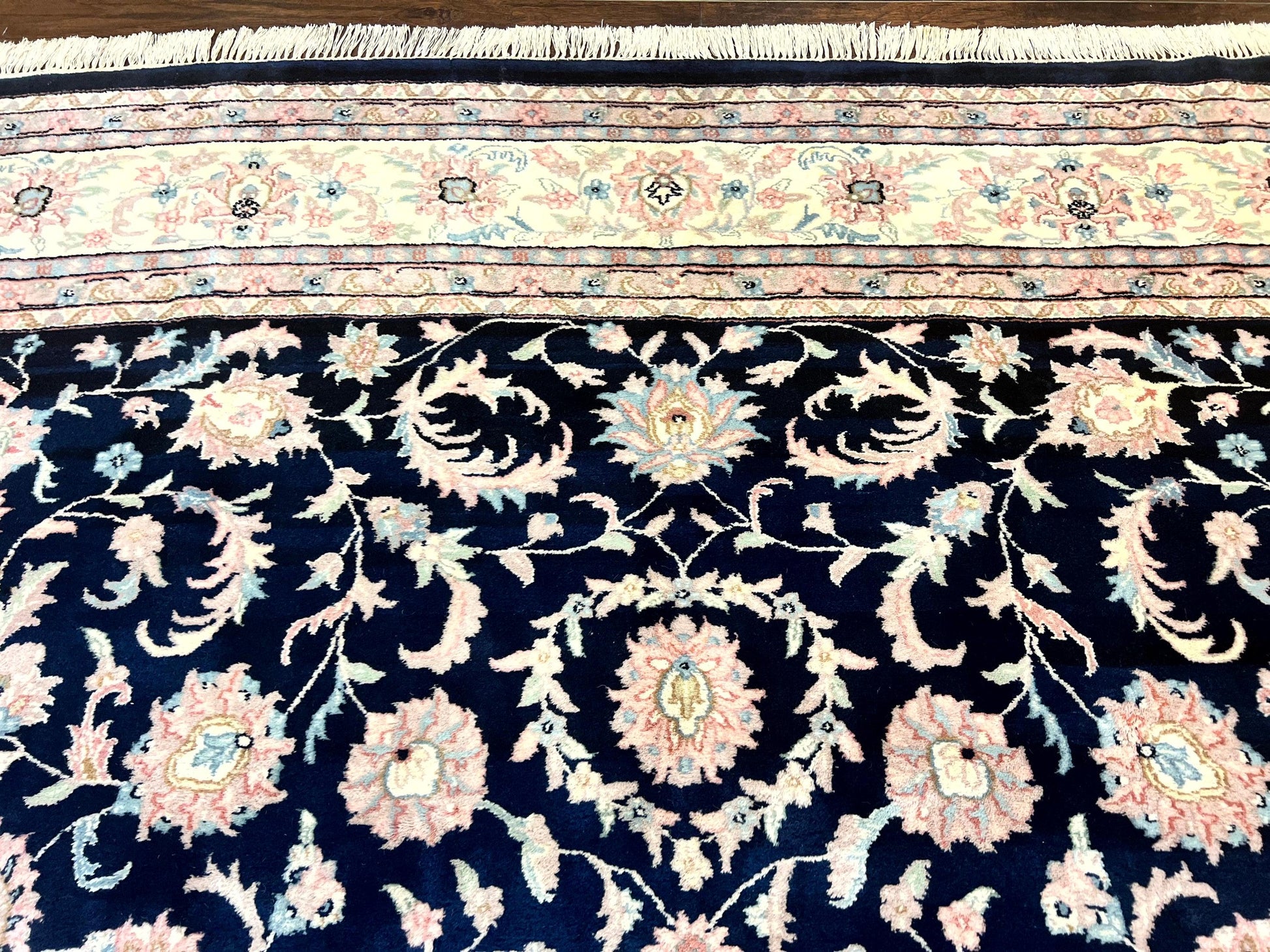 Indo Persian Rug 9x12, Navy Blue and Ivory/Cream, Floral Allover, Wool Vintage Handmade Carpet - Nuvé