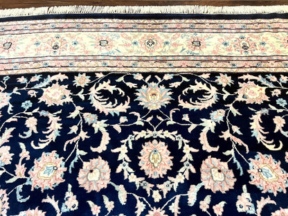 Indo Persian Rug 9x12, Navy Blue and Ivory/Cream, Floral Allover, Wool Vintage Handmade Carpet - Nuvé