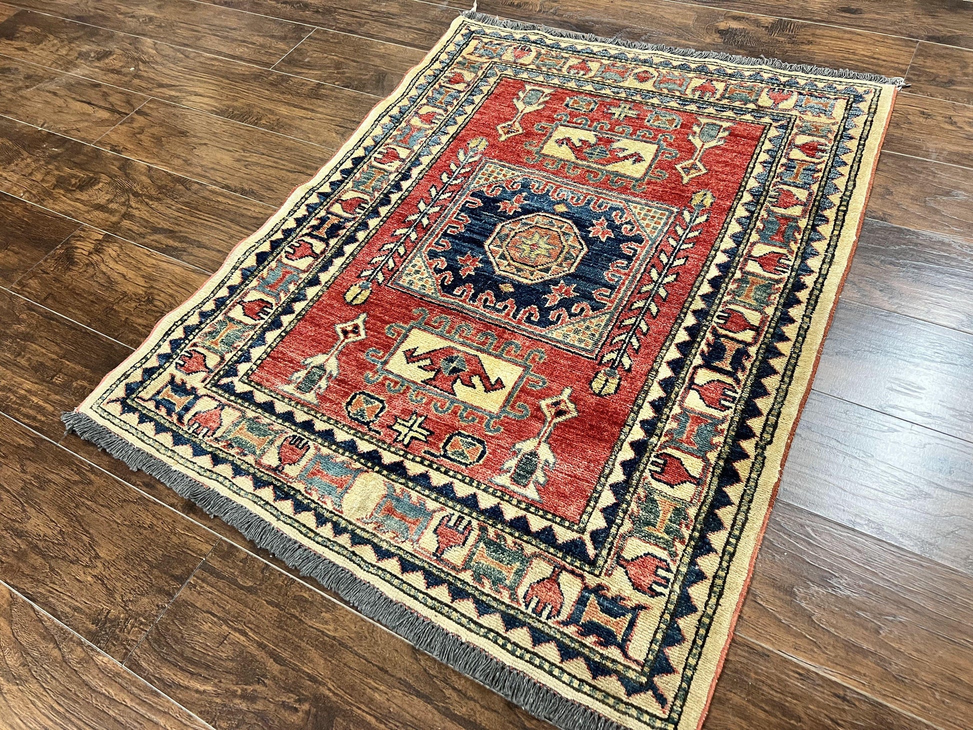 Turkish Kazak Rug 3x4, Wool Hand Knotted Small Vintage Carpet, Red Navy Blue, 3 x 4 Oriental Rug, Geometric Design - Nuvé