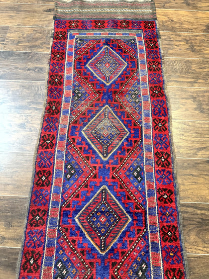 Turkoman Runner Rug 2 x 8.6, Skinny Runner, Handmade Wool Carpet for Hallway, Red and Blue, Wool, Vintage 8ft Runner - Nuvé