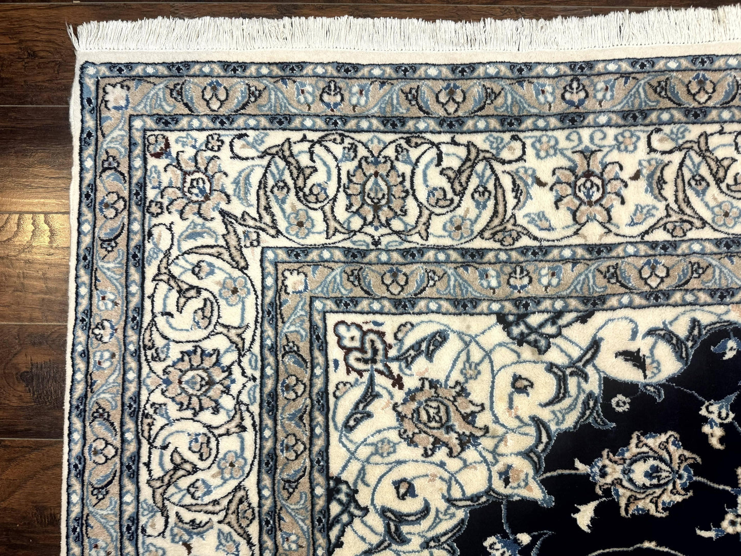 Persian Nain Rug 8x11, Navy Blue and Ivory, Handmade Wool Vintage Carpet, Floral Medallion - Nuvé