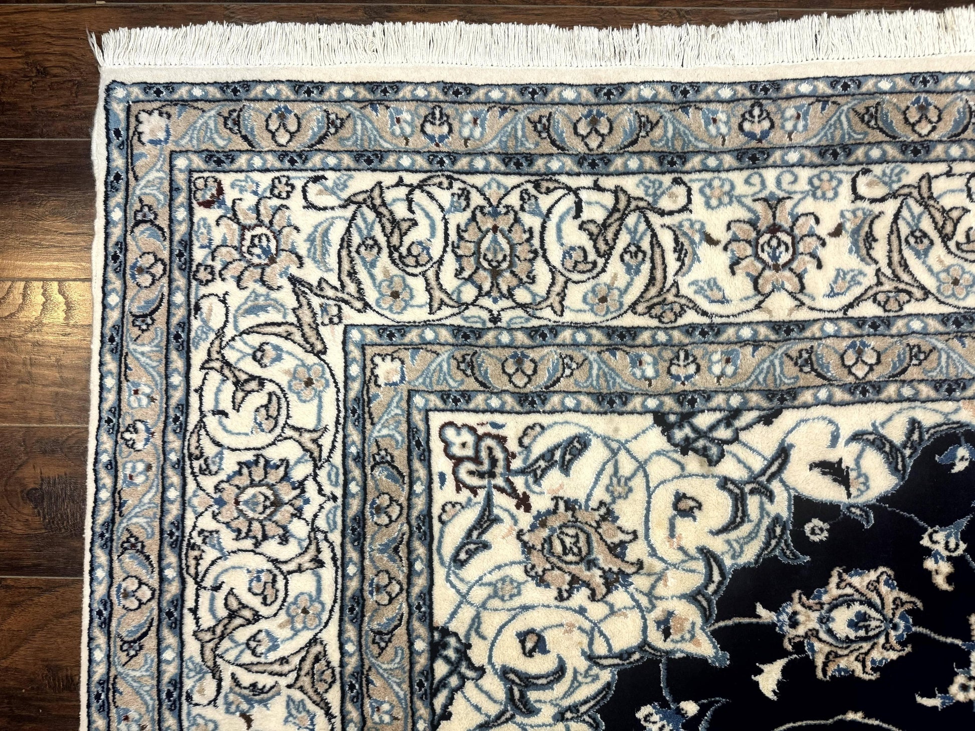 Persian Nain Rug 8x11, Navy Blue and Ivory, Handmade Wool Vintage Carpet, Floral Medallion - Nuvé