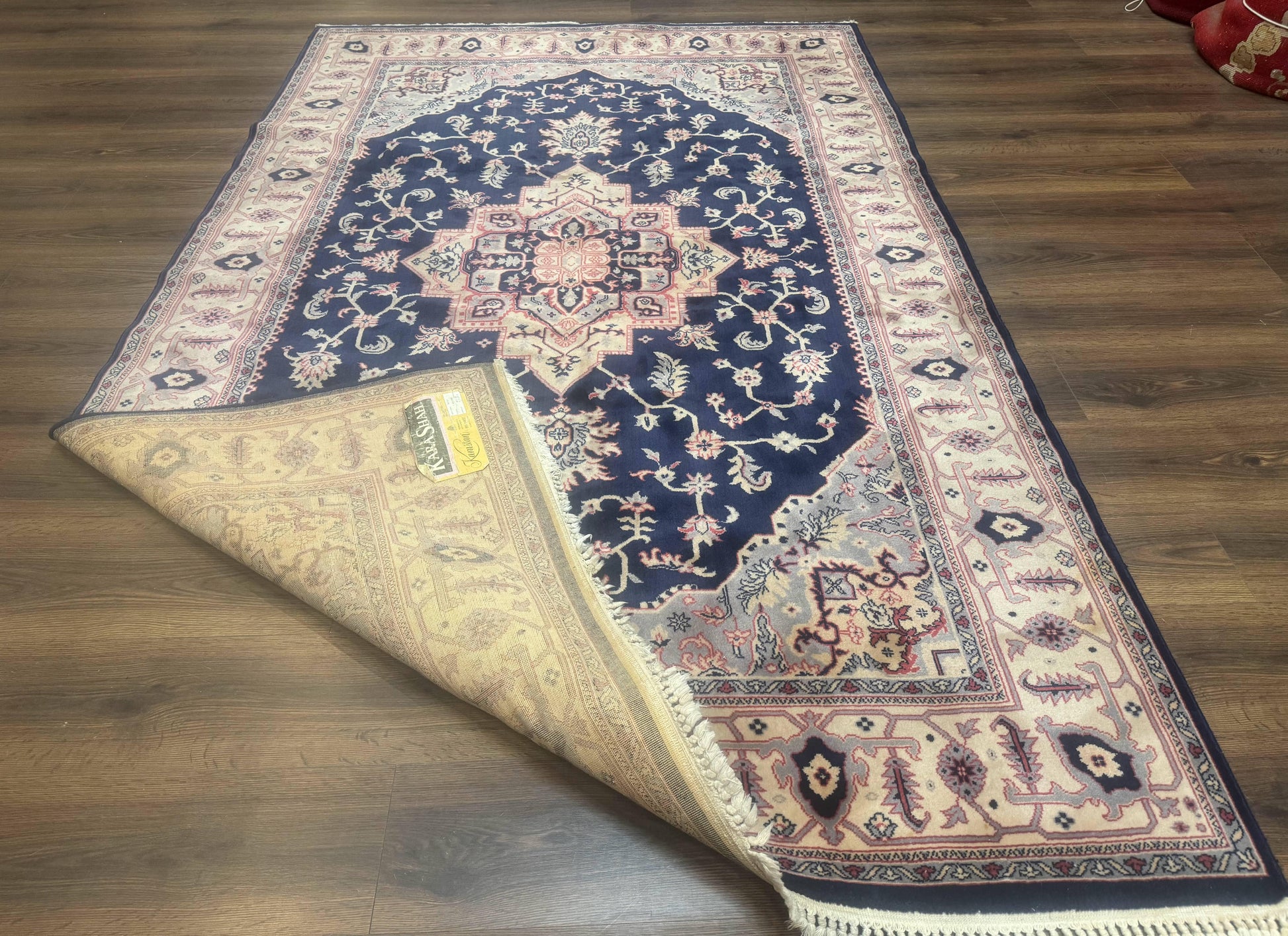 Karastan Rug Navy Serapi, Kara Shah Rug, Navy Blue, 5.6 x 8.6, Vintage Karastan Area Rug, Wool Pile Karastan Rug - Nuvé