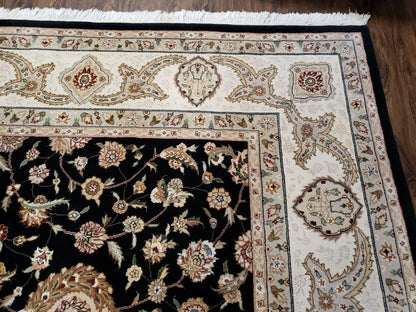 8' 5" X 11' 6" Vintage Handmade Oriental Floral Wool Rug Silk Accent Black Nice - Nuvé