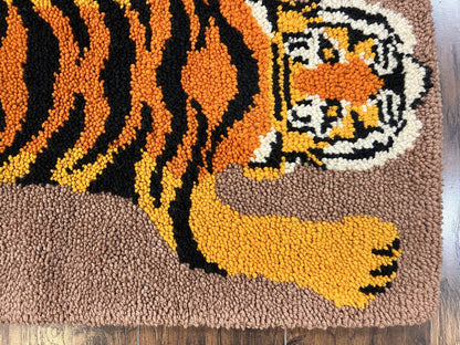 Small Hooked Rug 2x3, Tibetan Tiger Design, Wool, Unique Hooked Rug, Vintage - Nuvé