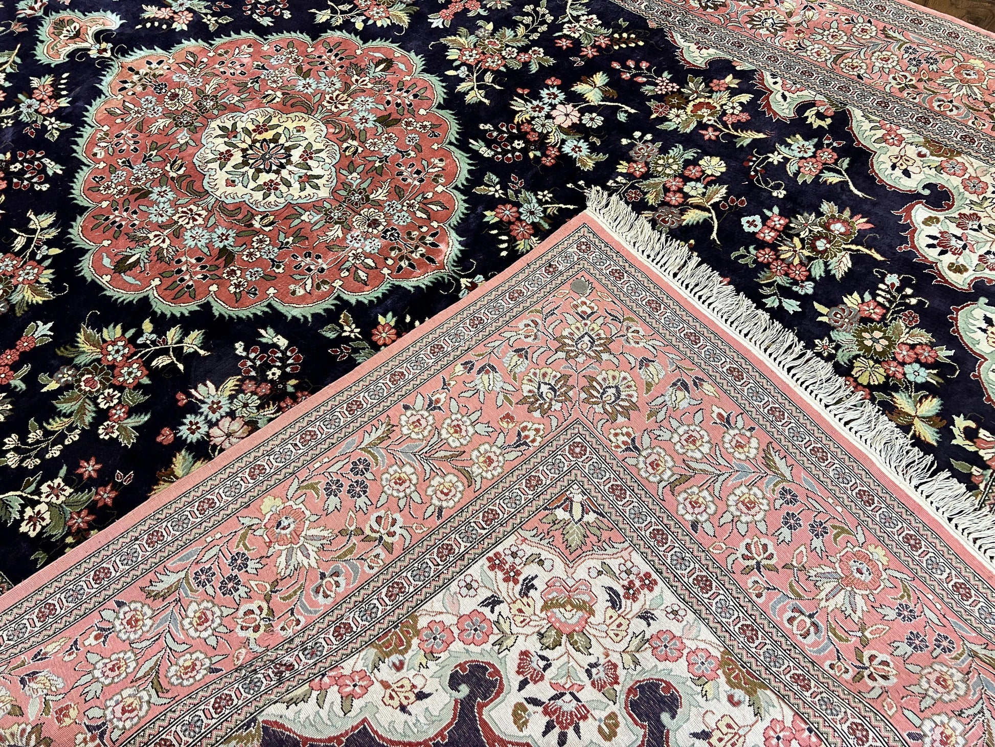 Stunning Silk Persian Qum Rug 7x9, Finely Hand Knotted Navy Blue & Salmon Floral Medallion Authentic Oriental Carpet, Vintage Handmade Silk Ghom Rug, Silk on Silk - Nuvé