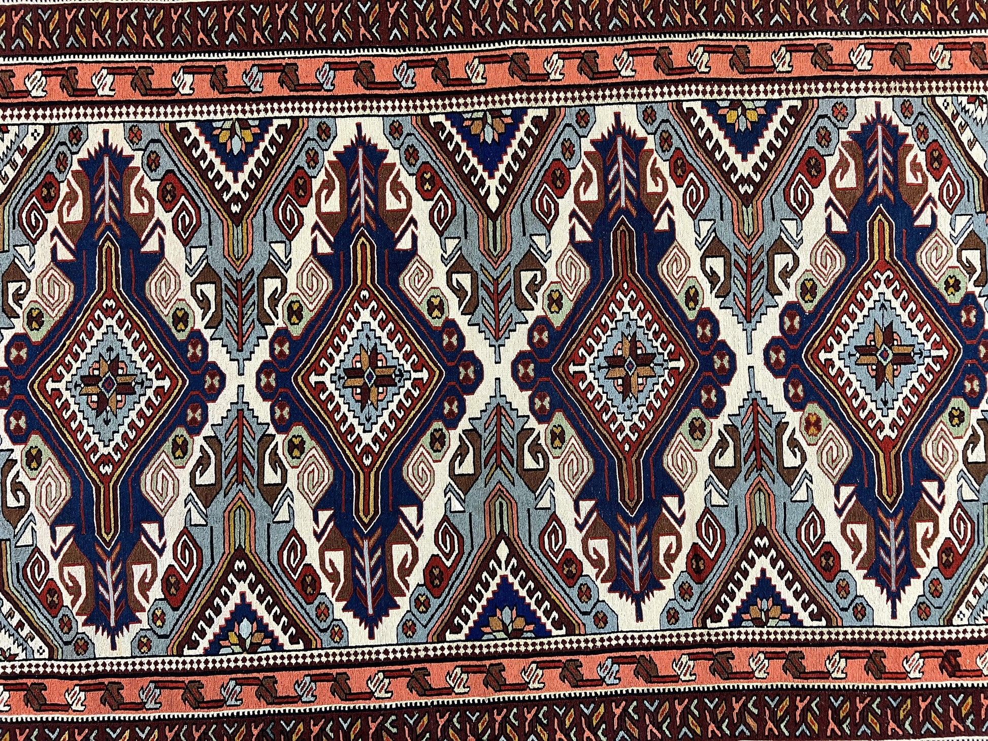 Russian Soumak Rug 6x8, Wool Handmade Antique Kilim Carpet, Multicolor 6 x 8 Geometric Medallions Caucasian Rug, Medium Size - Nuvé