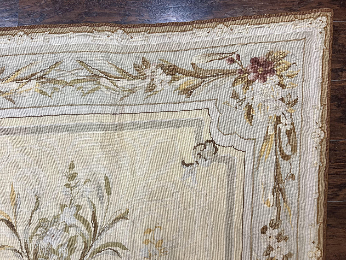 Needlepoint Rug 6x9, Elegant European Design Aubusson Carpet, Vintage Wool Handmade Rug, Light Yellow Ivory - Nuvé