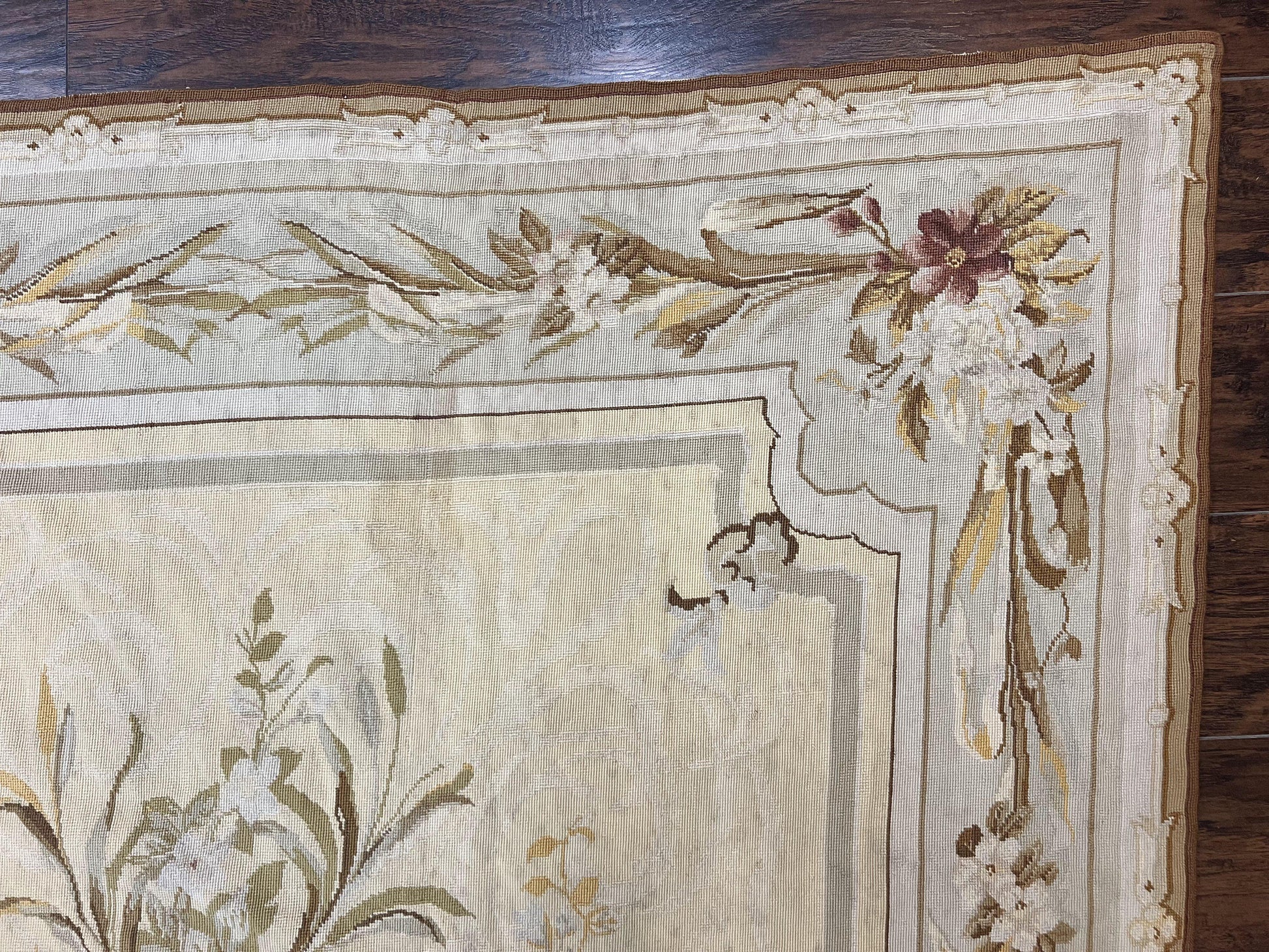 Needlepoint Rug 6x9, Elegant European Design Aubusson Carpet, Vintage Wool Handmade Rug, Light Yellow Ivory - Nuvé