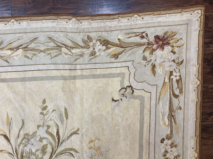 Needlepoint Rug 6x9, Elegant European Design Aubusson Carpet, Vintage Wool Handmade Rug, Light Yellow Ivory - Nuvé