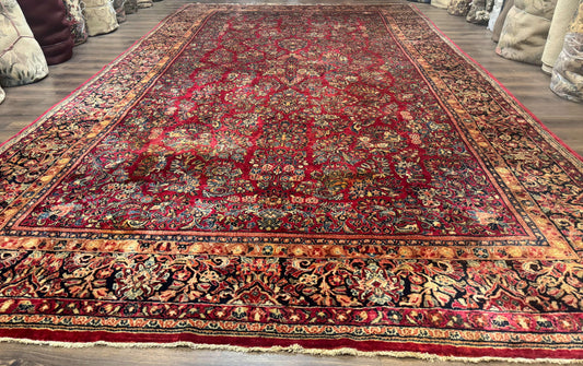 Persian Sarouk Rug 10x18, Palace Size Antique Persian Carpet, Wool, Red, Floral, Handmade Traditional Persian Rug, Extra Large Rug - Nuvé
