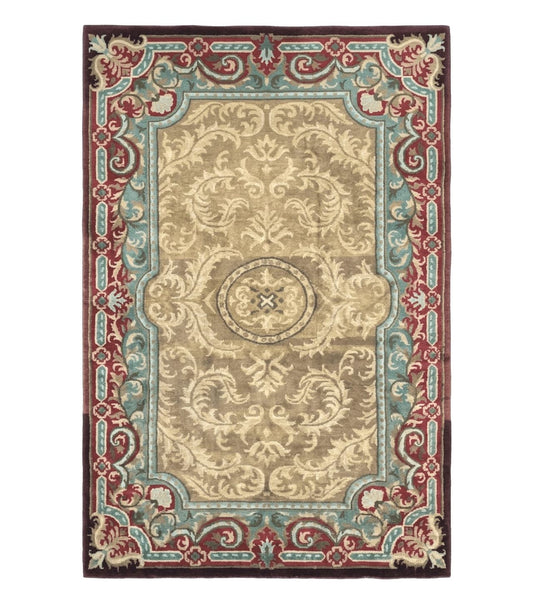 Tibetan Aubusson Rug 6x9, Gold-Beige, Soft Wool Pile, Handmade