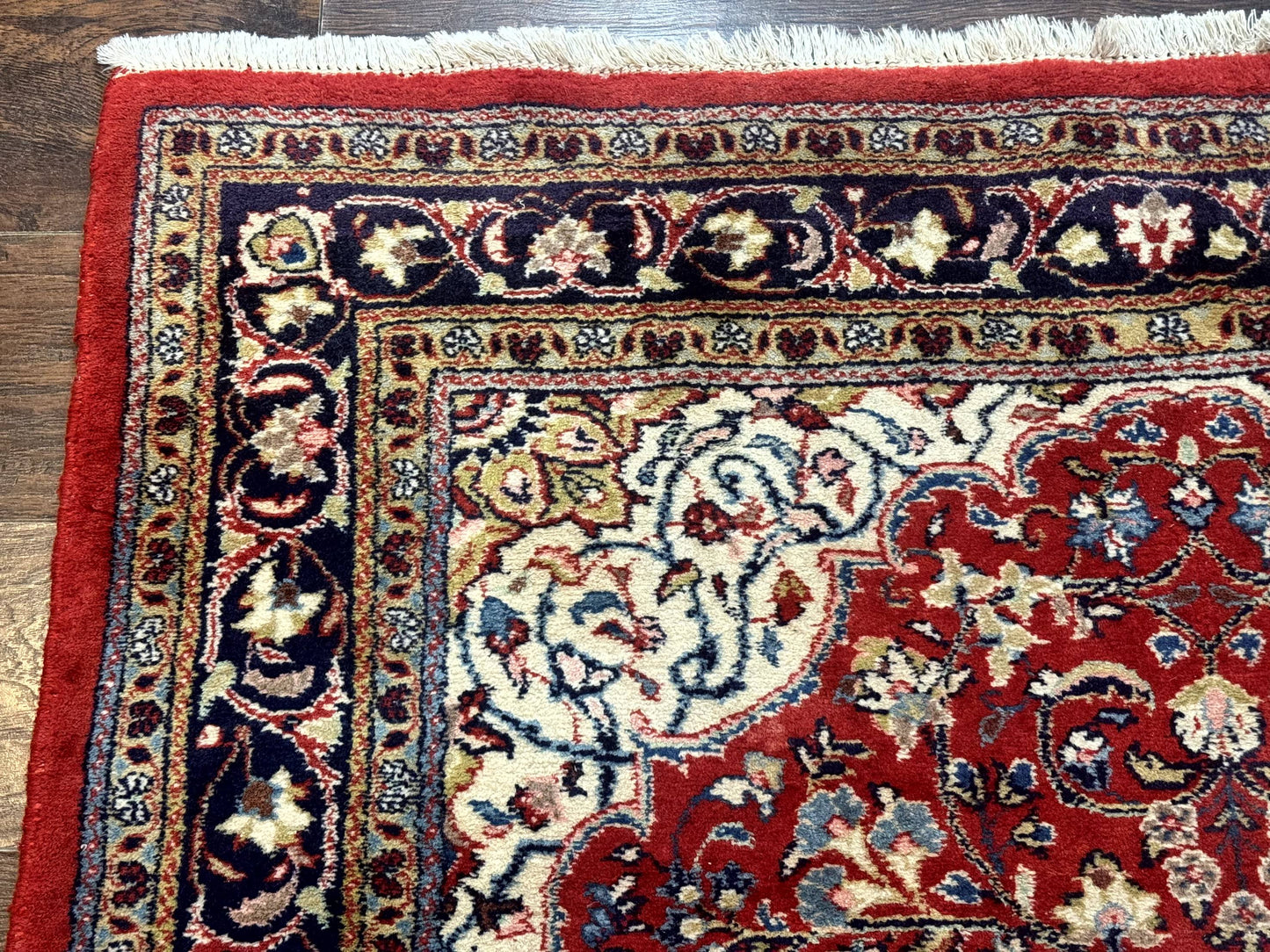 Persian Sarouk Rug 4x7, Red Navy Blue Vintage Wool Medallion Carpet - Nuvé
