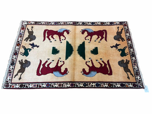 4x6 Rug Handmade Zagros Quality Wool Horses Tribal Hand-Knotted Rug Veggie Dye - Nuvé