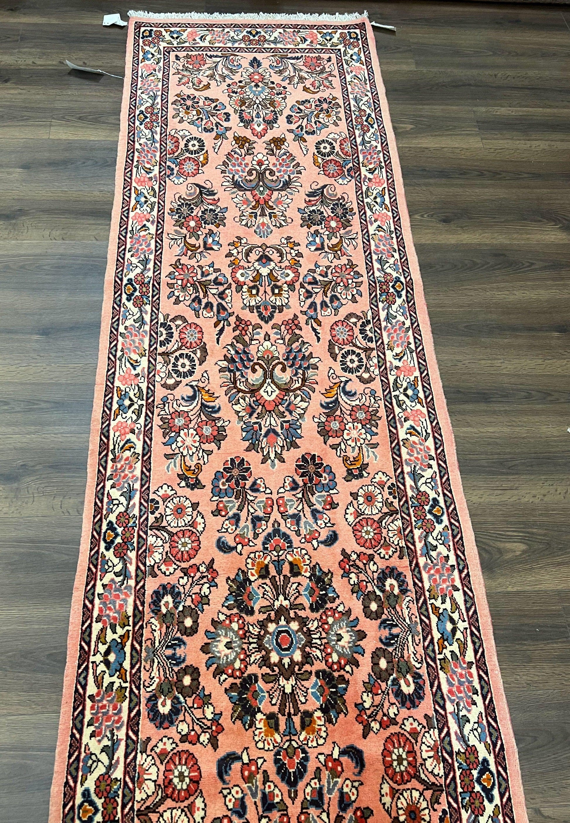 Persian Runner Rug 2.9 x 13.6, Semi Antique Vintage Persian Sarouk Hallway Rug, Wool Oriental Runner, Salmon and Cream, Floral Allover Hand Knotted - Nuvé