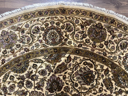 Round Indo Persian Rug 8x8 ft, Large Hand Knotted Vintage Wool Circular Carpet, 8ft Round Oriental Rug, Floral Medallion, Cream and Green
