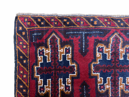 2' 7" X 4' 6" Vintage Handmade Tribal Wool Rug Balouchi Rug Afghan Rug Red Blue - Nuvé