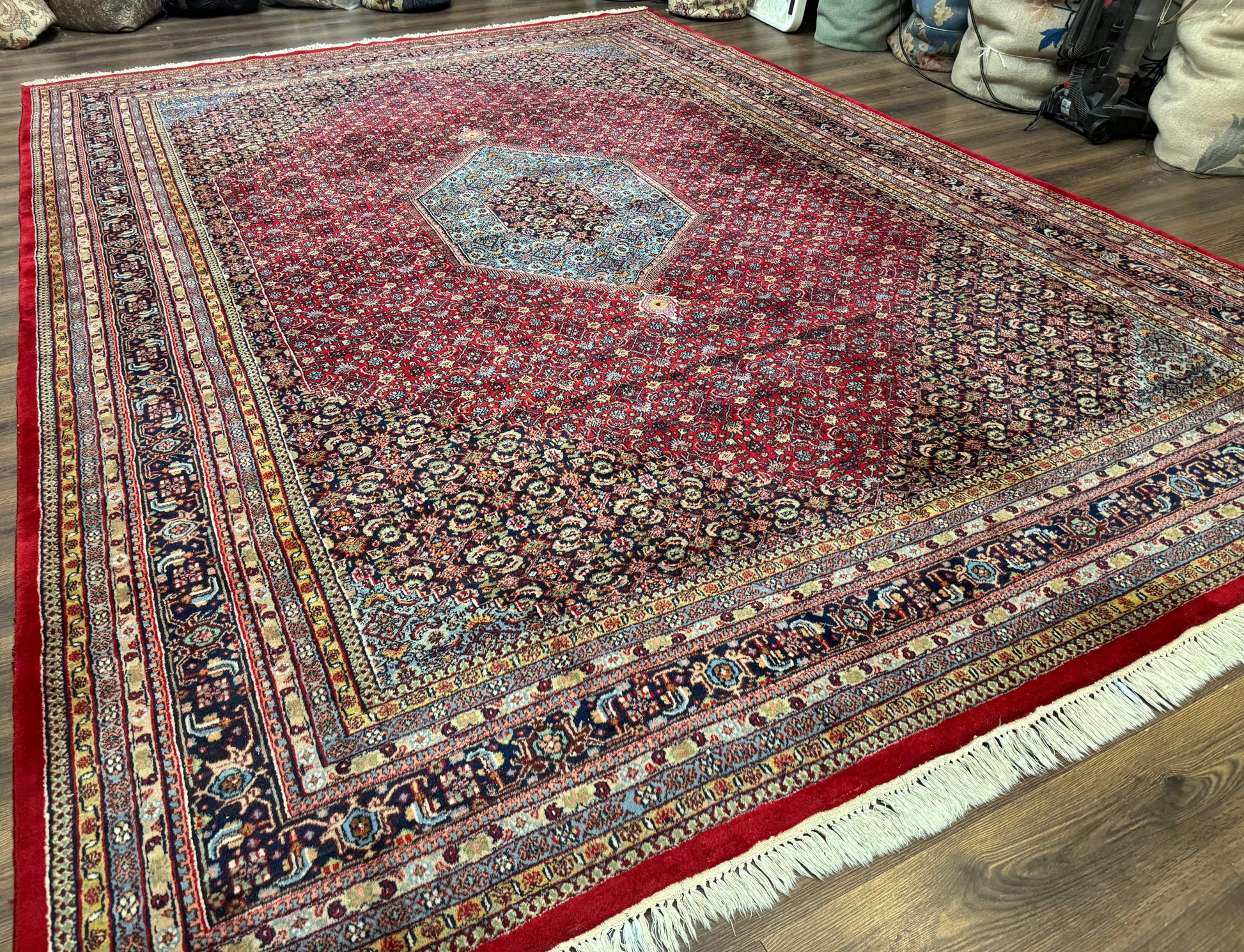 Indo Persian Bidjar Rug 10x14, Red and Dark Blue, Herati Mahi Pattern, Vintage - Nuvé