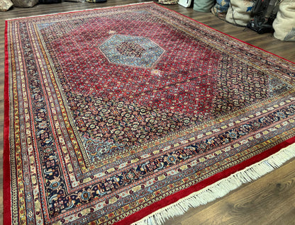 Indo Persian Bidjar Rug 10x14, Red and Dark Blue, Herati Mahi Pattern, Vintage - Nuvé
