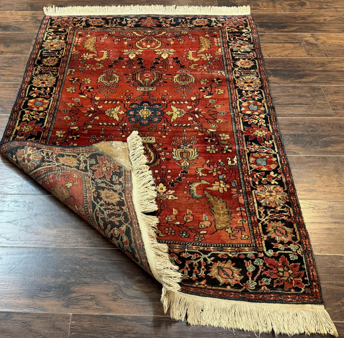 Antique Persian Farahan Sarouk Rug 3.6 x 5, Red, Floral, Traditional Rug, Fine 210 KPSI - Nuvé