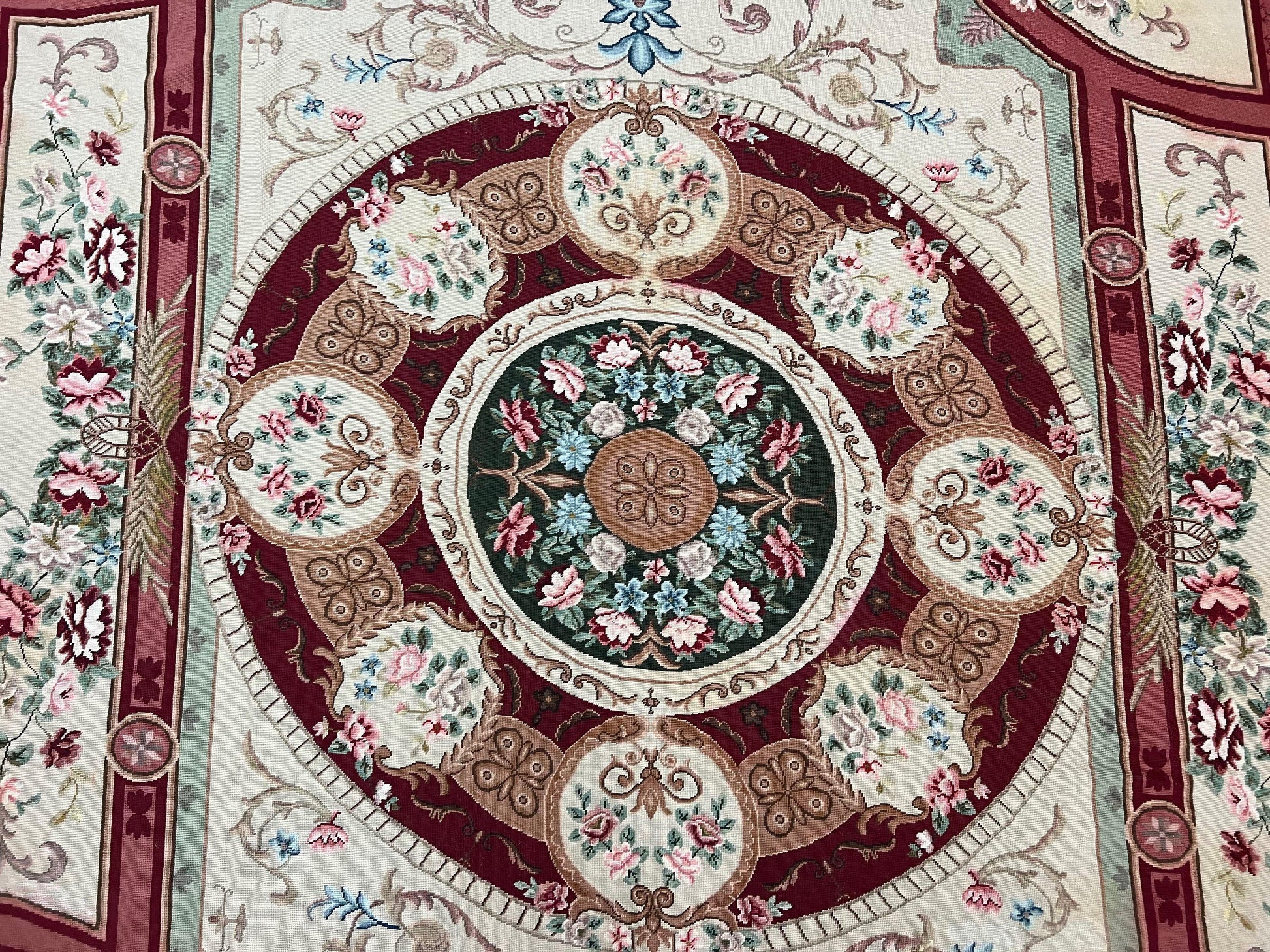 Needlepoint Rug 7.9 x 9, Beige Maroon Rose, Handmade Handwoven Flatweave Aubusson Savonnerie French European Elegant Carpet, Wool Rug - Nuvé