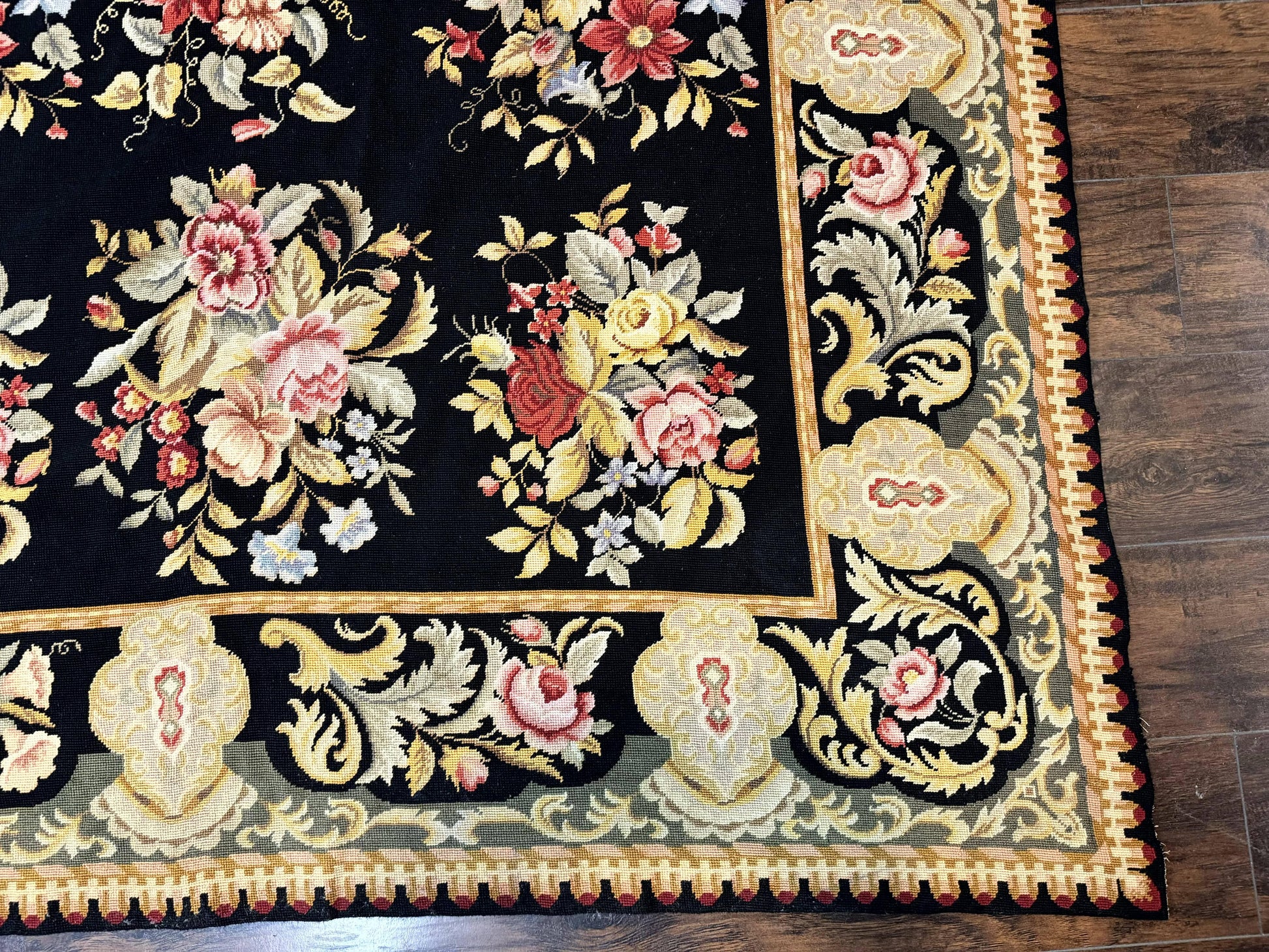 Palace Size Needlepoint Rug 12x16, Black and Colorful, Floral Panel, Handmade Oversized Wool Needlepoint Carpet, Rare - Nuvé
