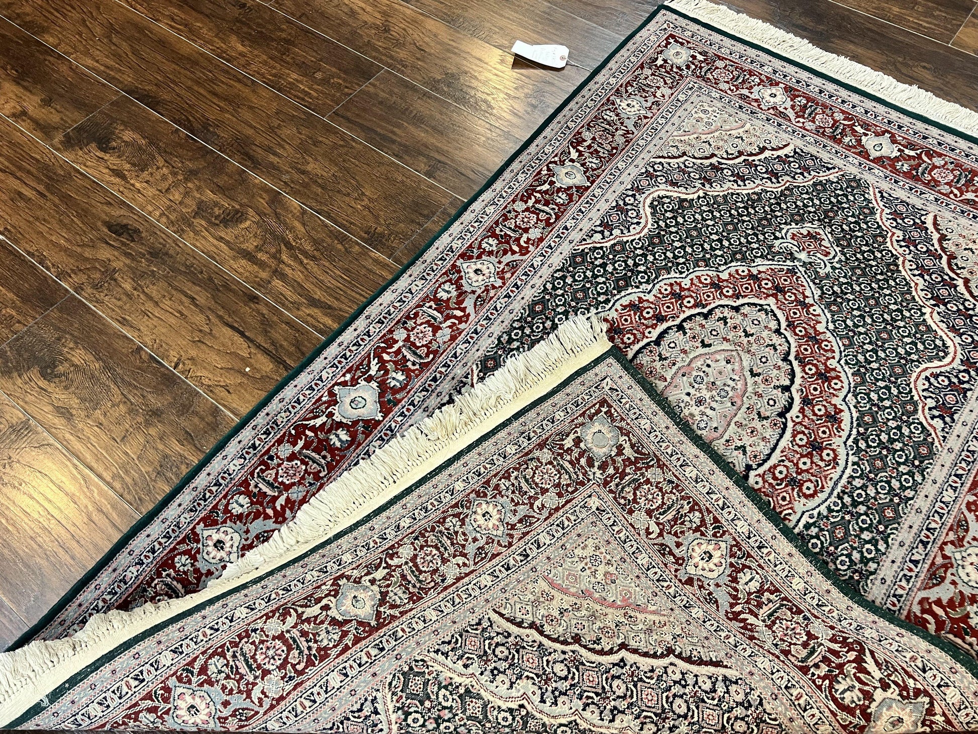 Sino Persian Rug 4x6, Wool with Silk Highlights, Fine Hand Knotted Carpet, Green & Maroon Red, Herati Medallion, Vintage Rug - Nuvé