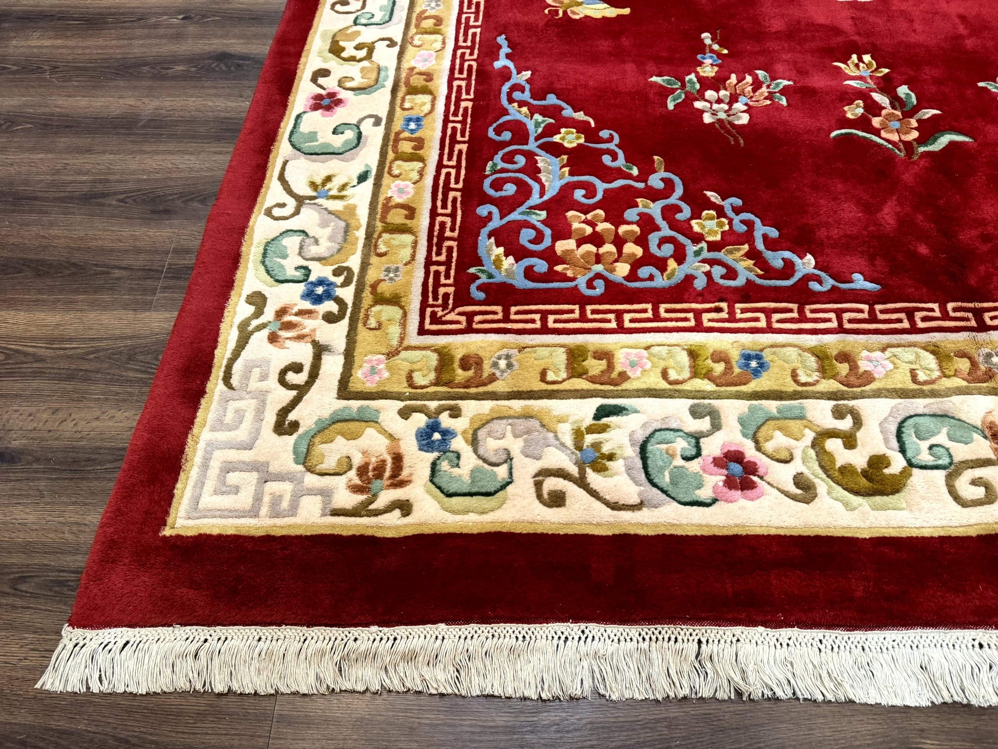 Indo Chinese Wool Rug 9x12, Red Art Deco Carpet, Vintage - Nuvé