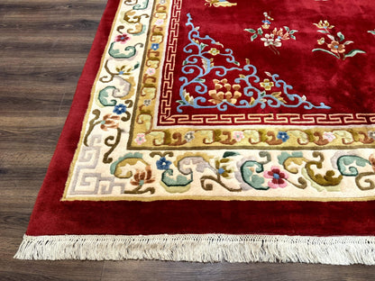 Indo Chinese Wool Rug 9x12, Red Art Deco Carpet, Vintage - Nuvé