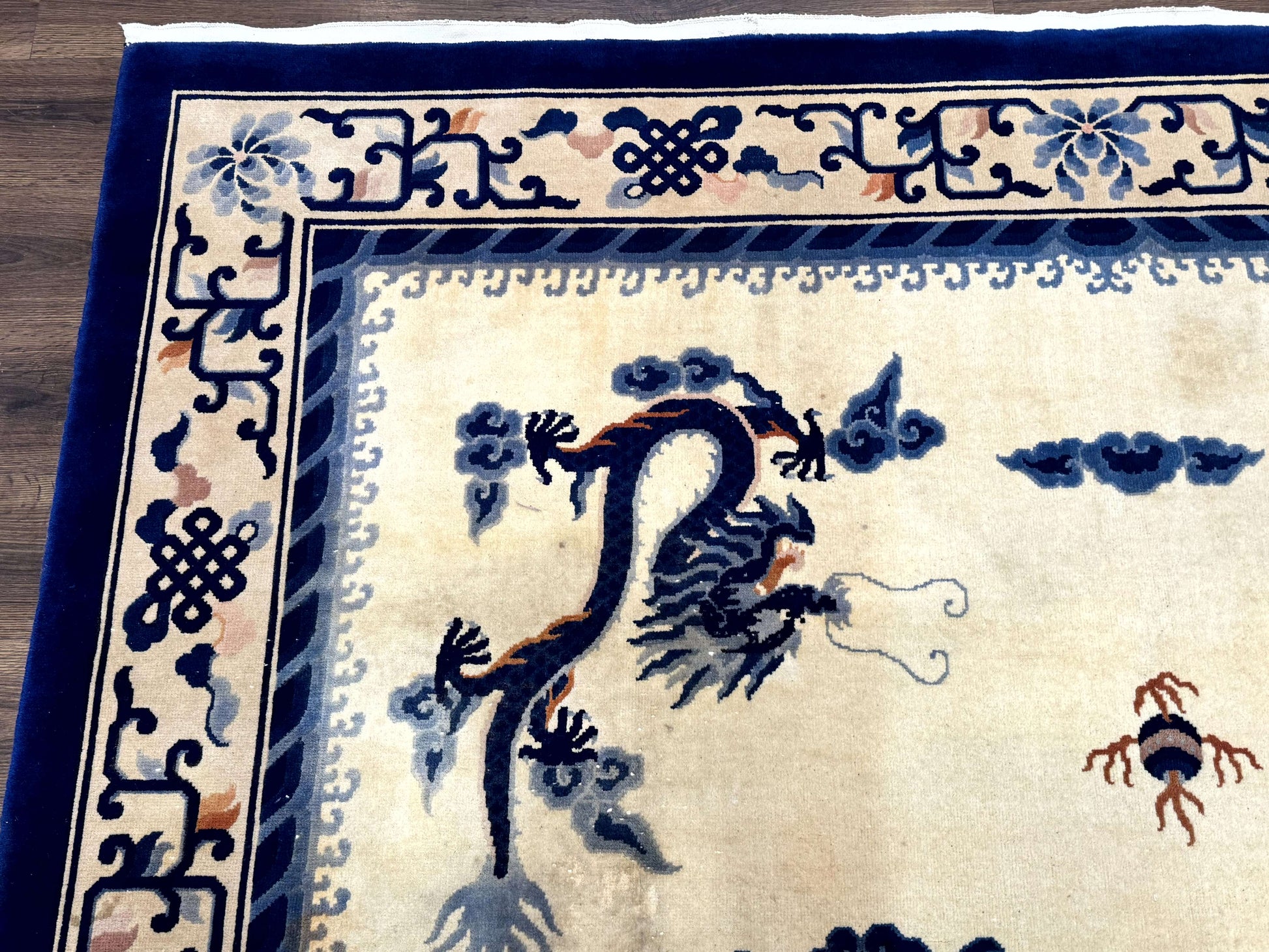 Chinese Dragon Peking Rug 8 x 11.6, Ivory and Blue, Chinese Wool Rug, Vintage - Nuvé