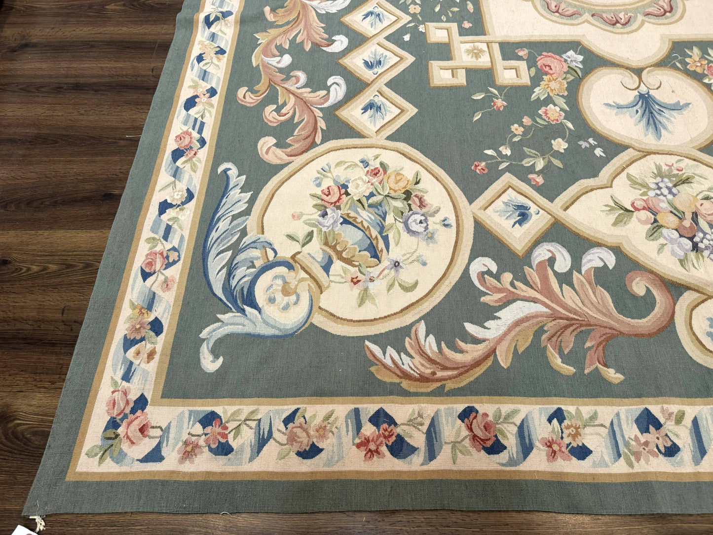 Aubusson Rug 9x12, Muted Sage Green and Cream, European Design - Nuvé