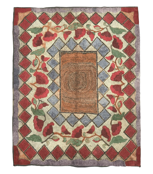 Vintage American Hooked Rug 6x7, Unique Colors, Red Lavender Cream, Abstract