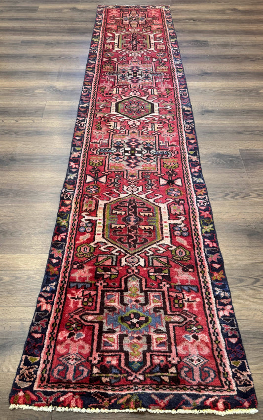 Persian Heriz Karajeh Runner Rug 2x9, Geometric Medallions, Red Navy Blue, 2 x 9 Rug for Hallway - Nuvé