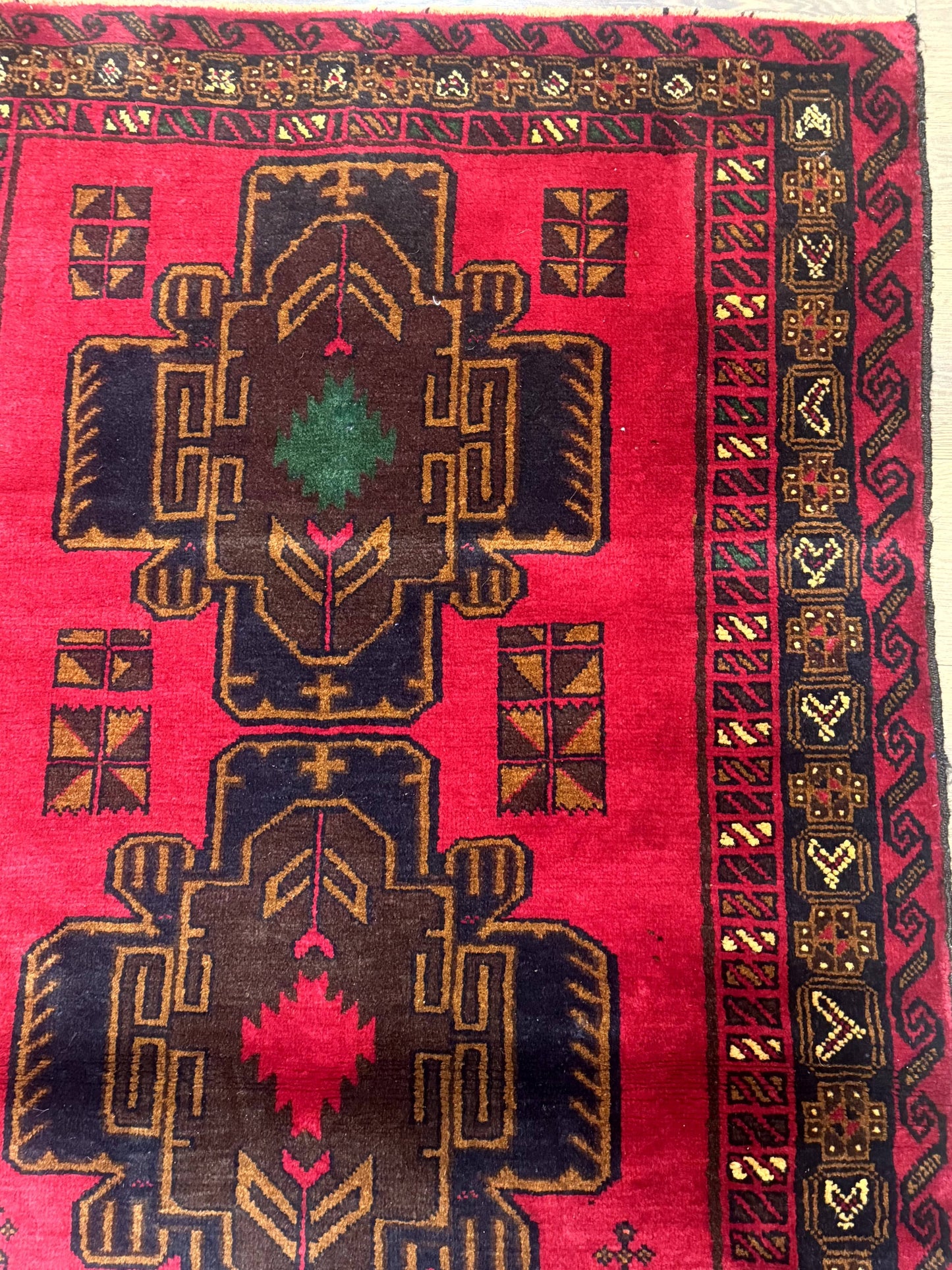 Red Afghan Balouch Rug 4x7, Triple Medallions, Handmade, New - Nuvé