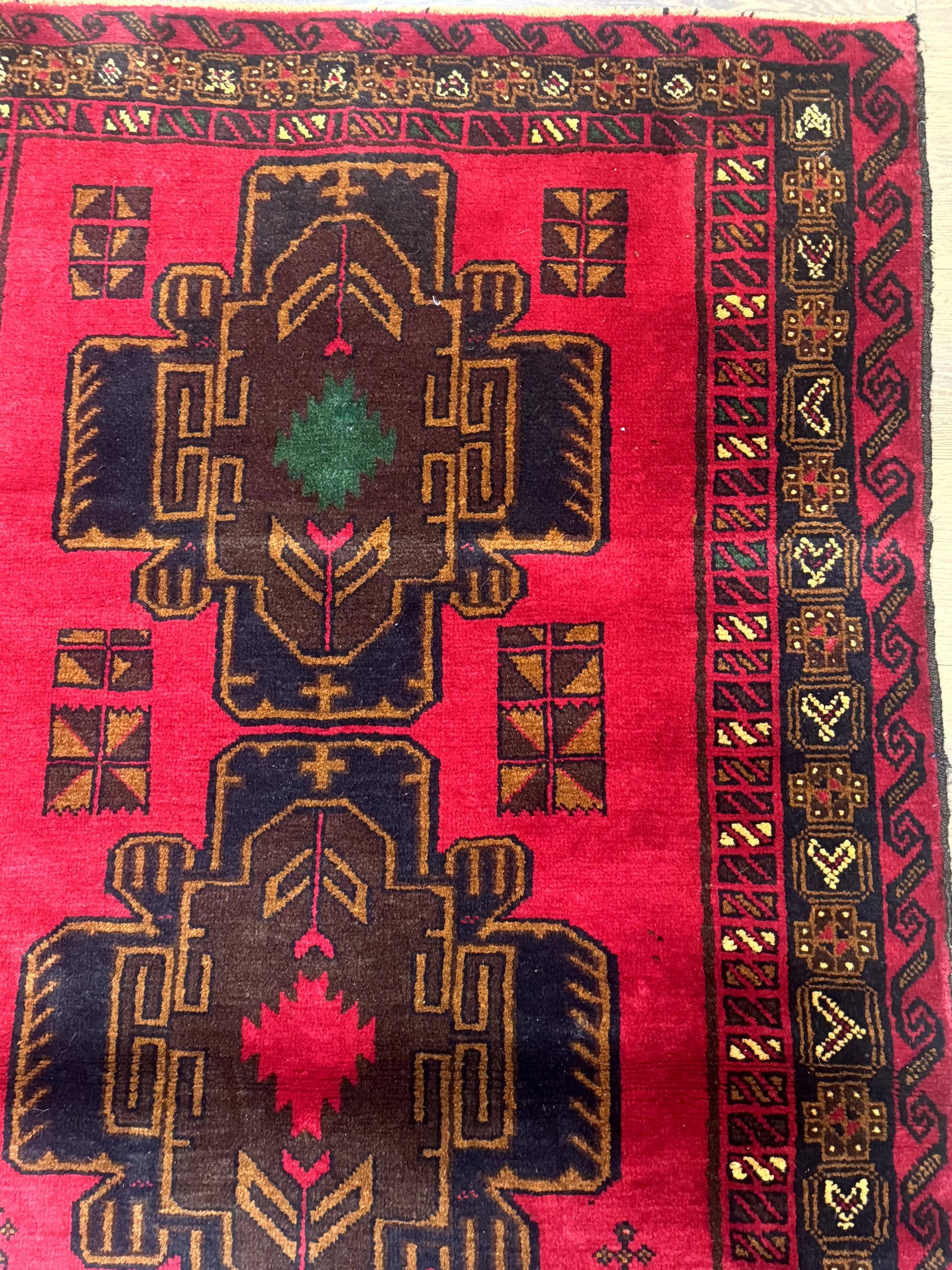 Red Afghan Balouch Rug 4x7, Triple Medallions, Handmade, New - Nuvé