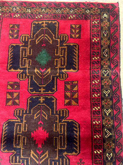 Red Afghan Balouch Rug 4x7, Triple Medallions, Handmade, New - Nuvé