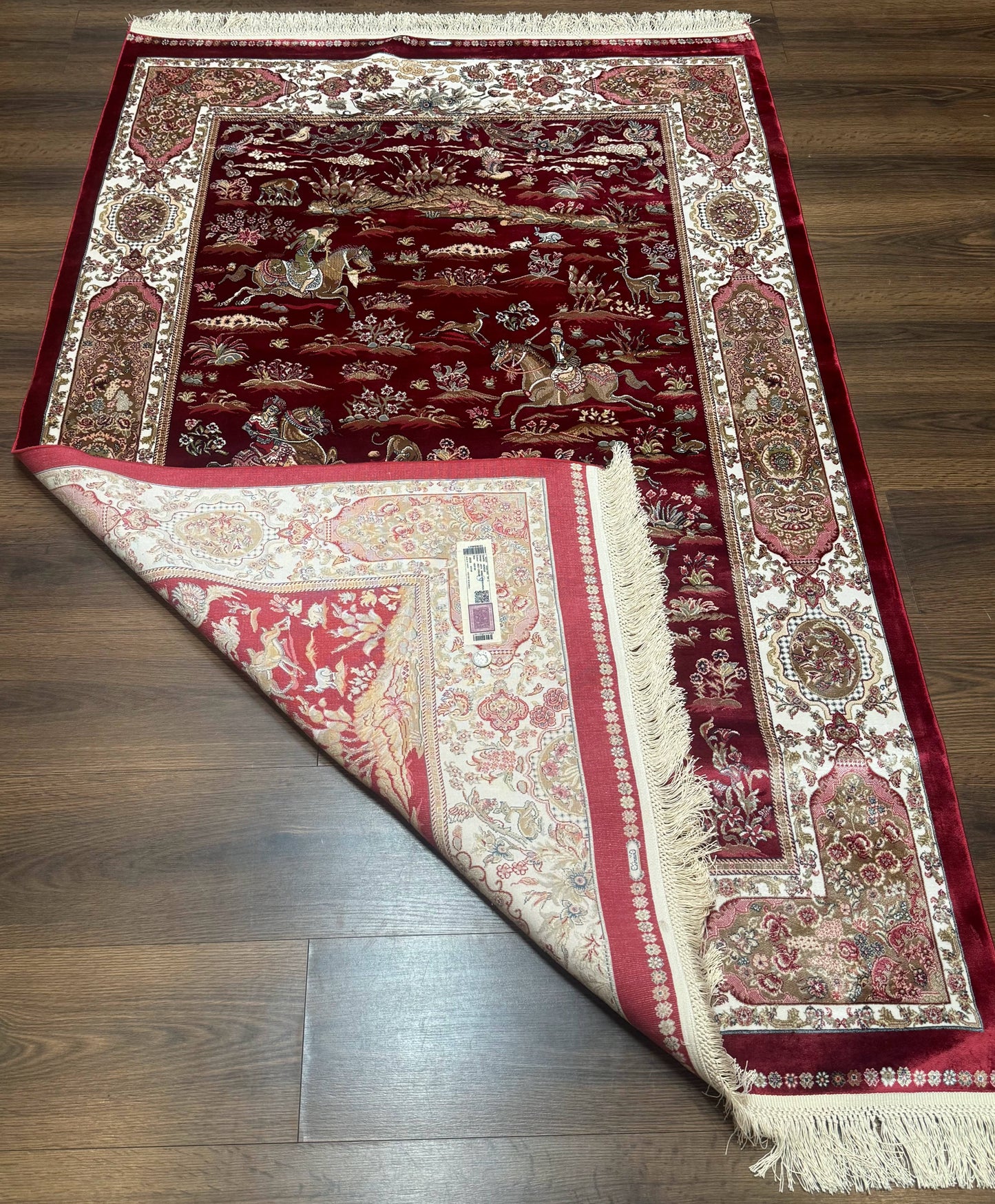 Turkish Silk Hunting Design Rug 4x6, Dark Red & Ivory, Bamboo Silk, New - Nuvé