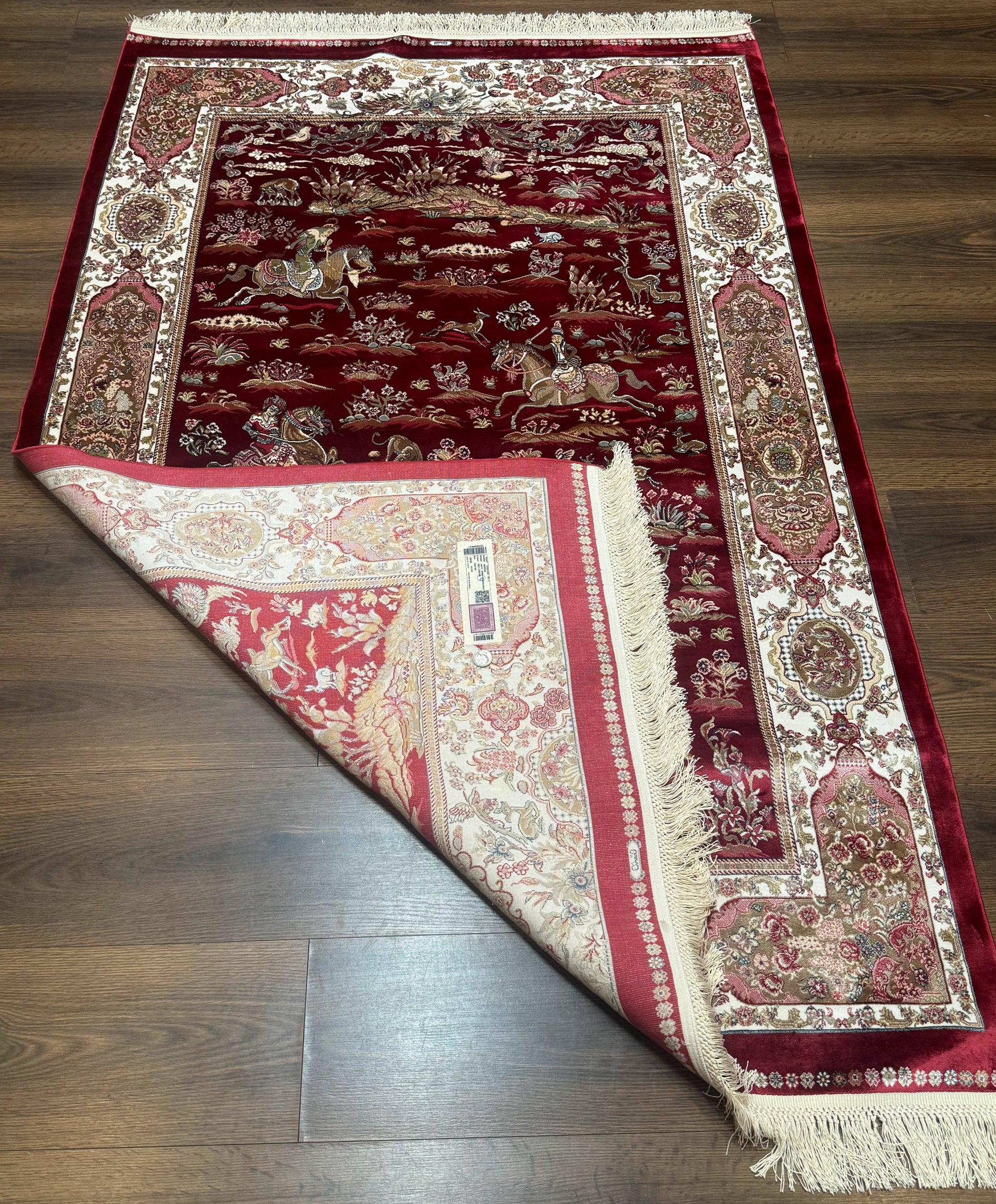 Turkish Silk Hunting Design Rug 4x6, Dark Red & Ivory, Bamboo Silk, New - Nuvé