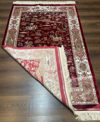 Turkish Silk Hunting Design Rug 4x6, Dark Red & Ivory, Bamboo Silk, New - Nuvé